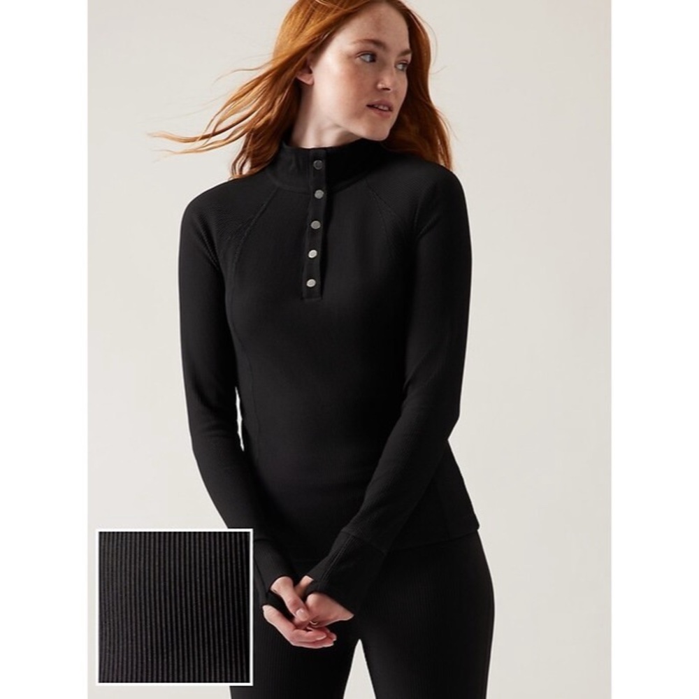 Athleta Black Ribbed Snap-Placket Pullover